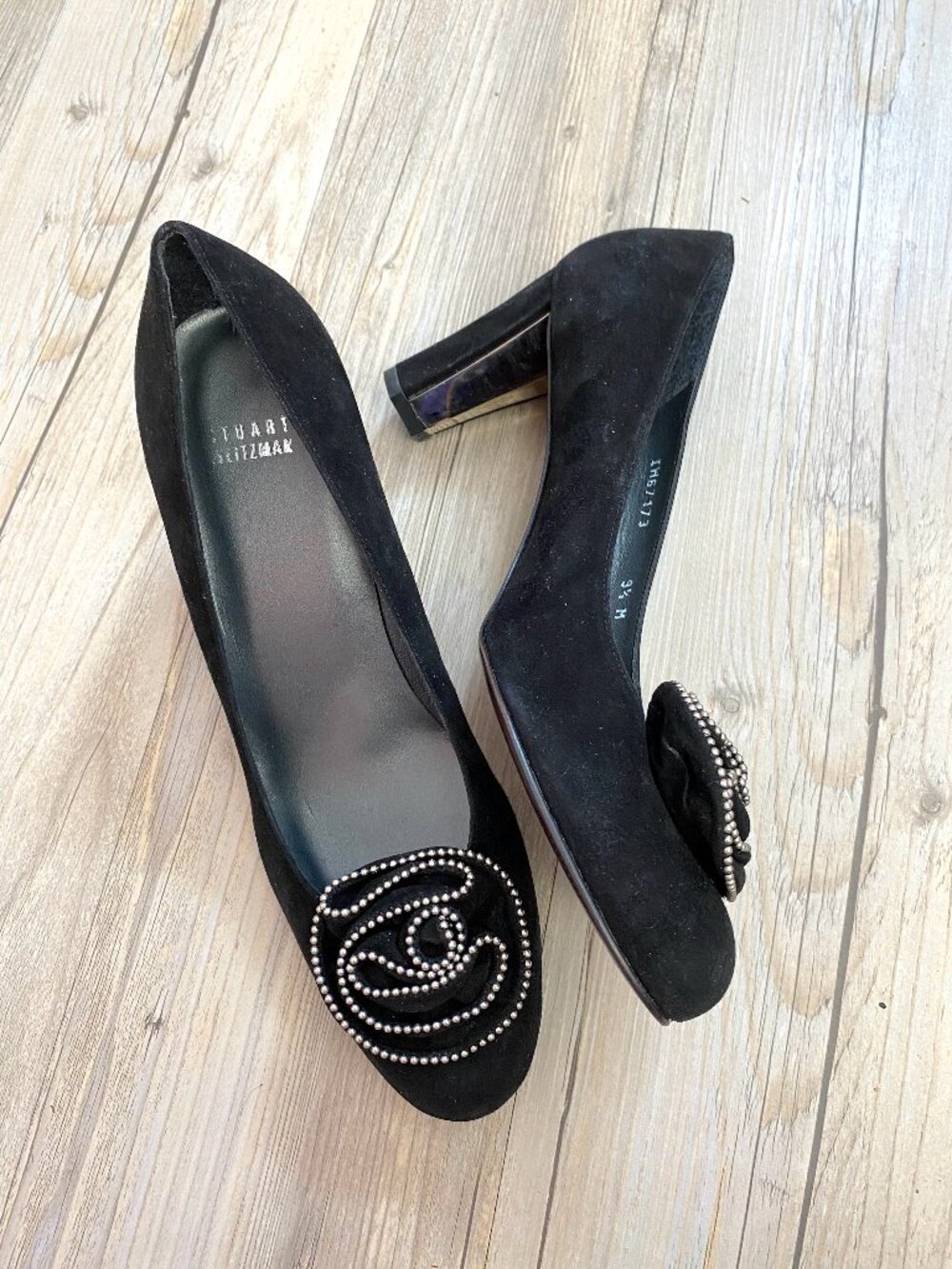Stuart Weitzman Black Beaded Flower Heels Size 9.5